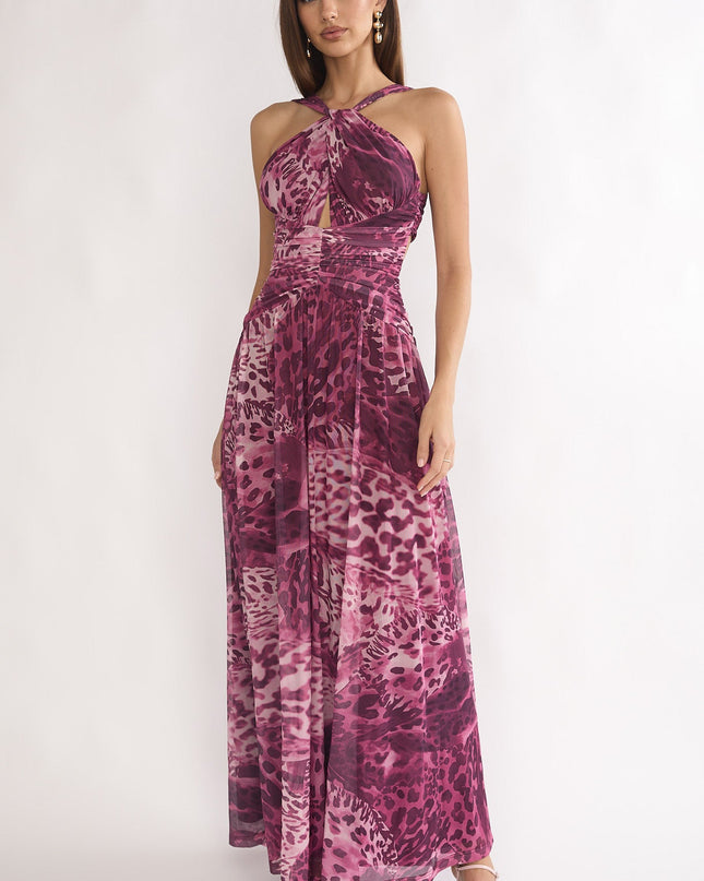 Purple Cut-Out Back Maxi Dress Leopard