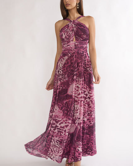 Purple Cut-Out Back Maxi Dress Leopard