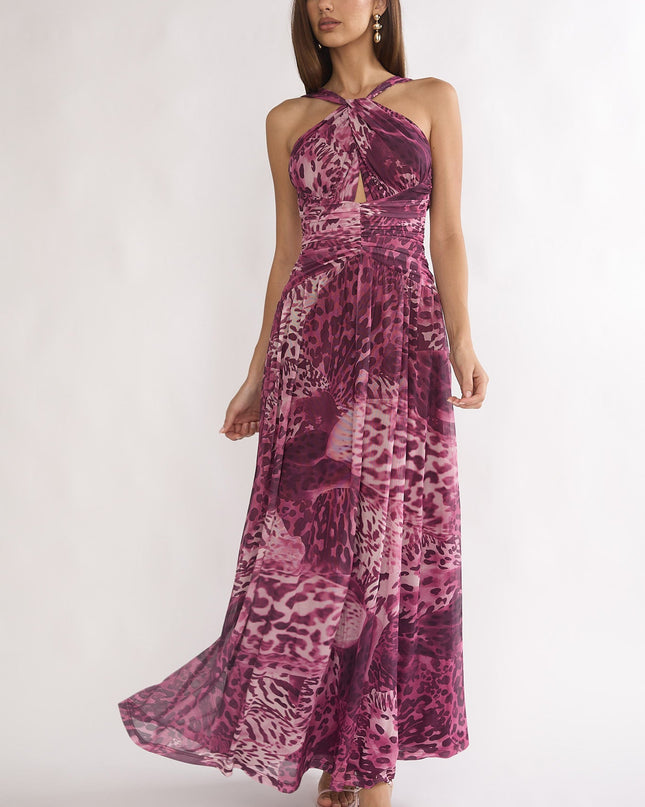 Purple Cut-Out Back Maxi Dress Leopard