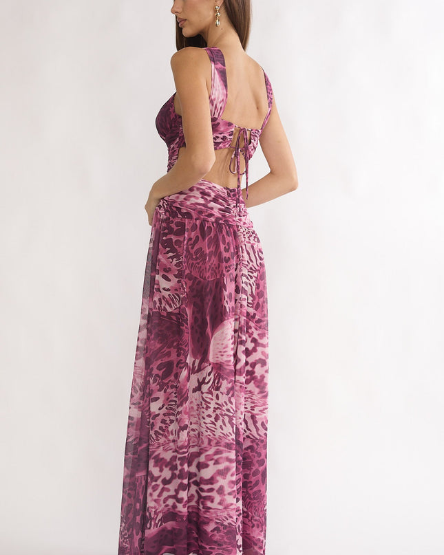 Purple Cut-Out Back Maxi Dress Leopard