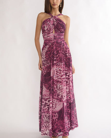 Purple Cut-Out Back Maxi Dress Leopard