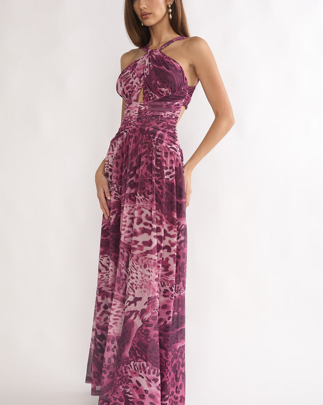 Purple Cut-Out Back Maxi Dress Leopard