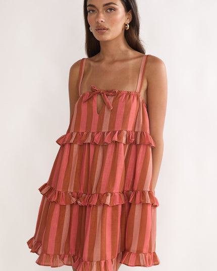 Peach Frill Trim Mini Dress Stripe