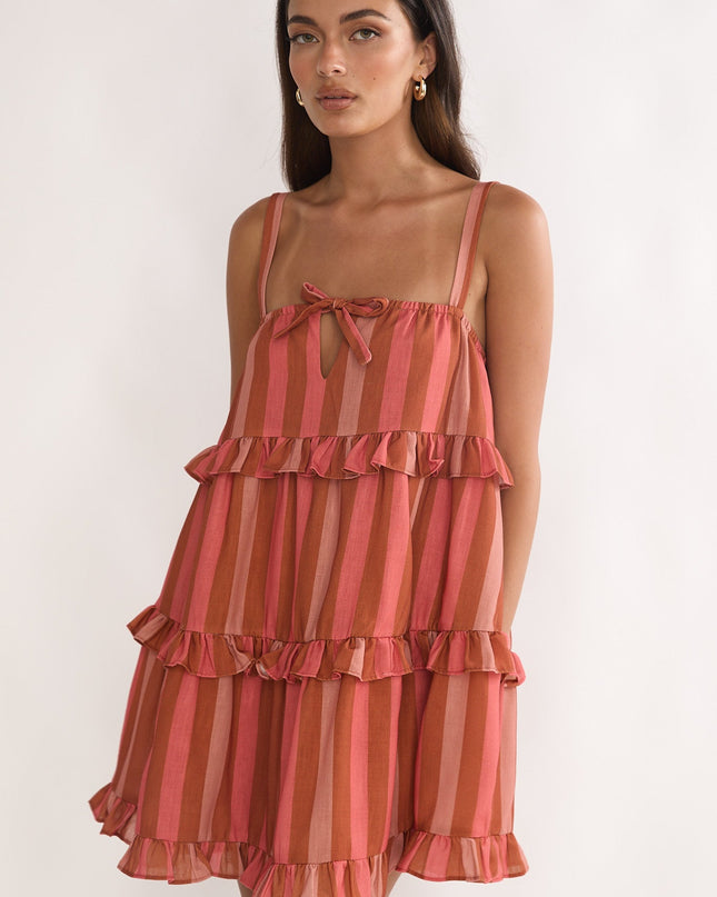 Peach Frill Trim Mini Dress Stripe