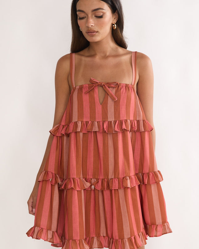 Peach Frill Trim Mini Dress Stripe
