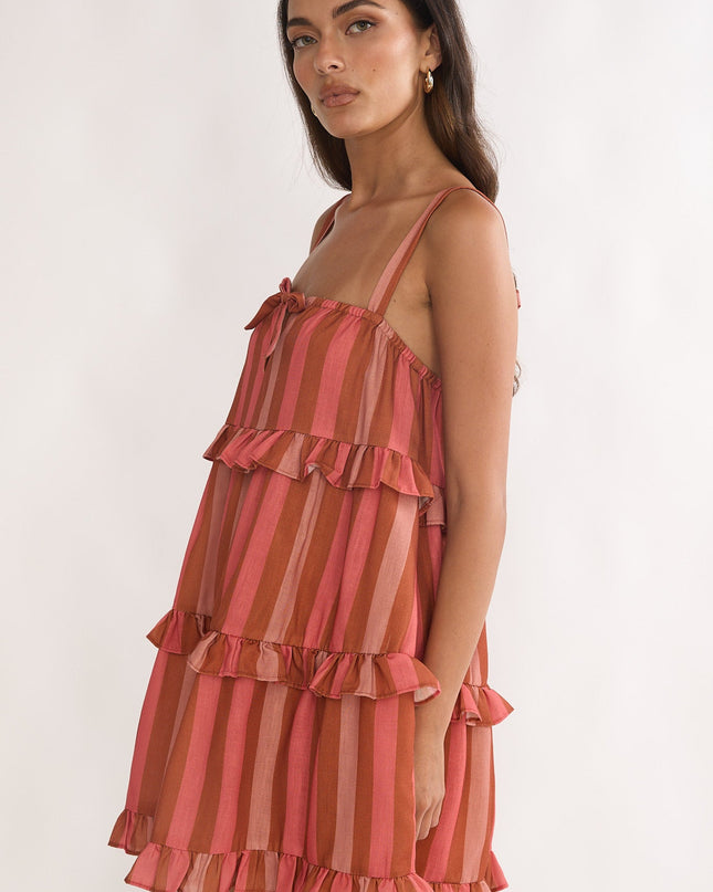 Peach Frill Trim Mini Dress Stripe