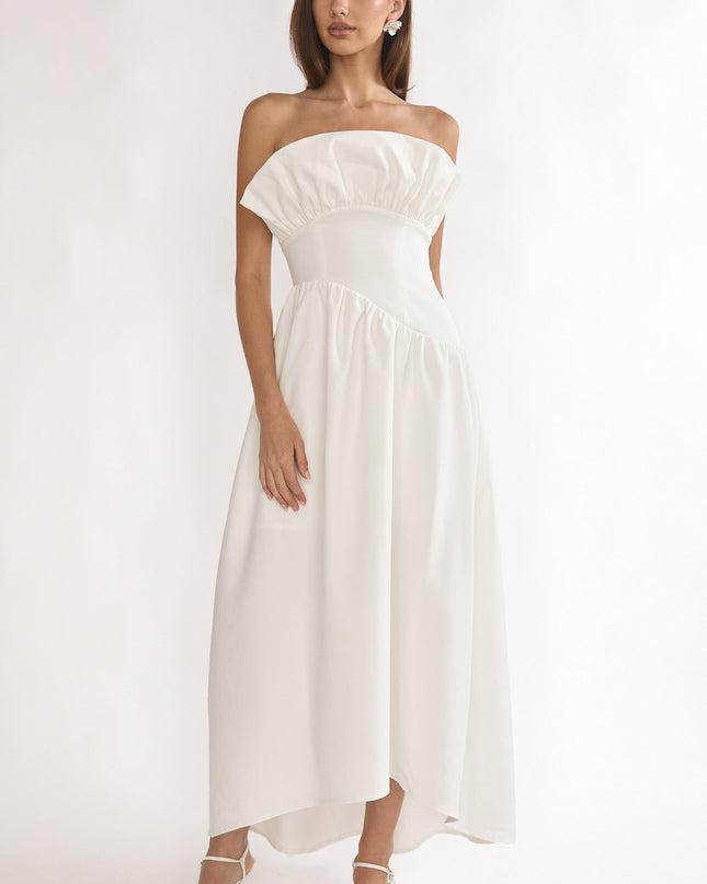 Off White Frill Bust Asymmetric Hem Maxi Dress