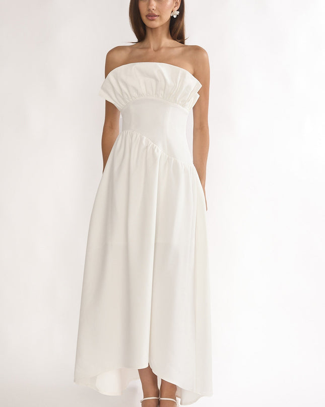 Off White Frill Bust Asymmetric Hem Maxi Dress