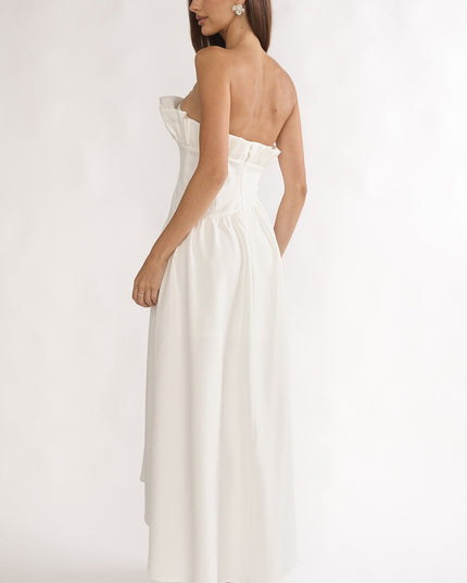 Off White Frill Bust Asymmetric Hem Maxi Dress