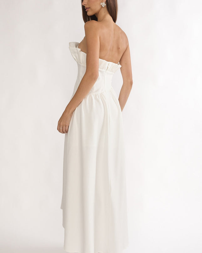 Off White Frill Bust Asymmetric Hem Maxi Dress