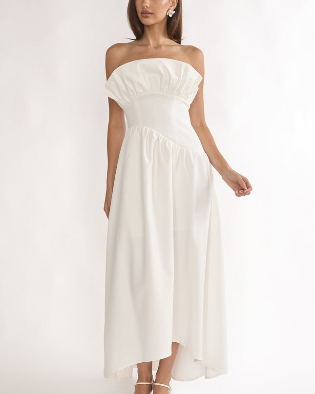 Off White Frill Bust Asymmetric Hem Maxi Dress