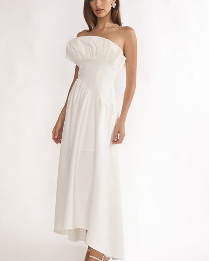 Off White Frill Bust Asymmetric Hem Maxi Dress