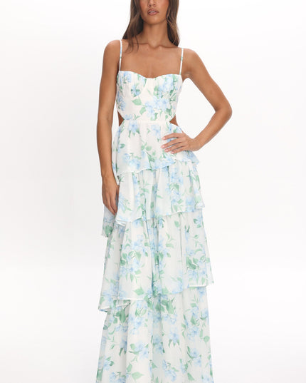 Blue Tiered Cut-Out Maxi Dress Floral