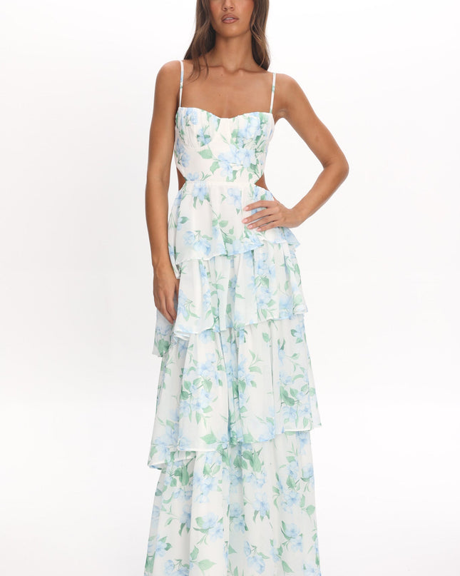 Blue Tiered Cut-Out Maxi Dress Floral