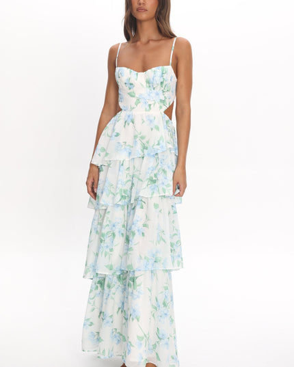 Blue Tiered Cut-Out Maxi Dress Floral