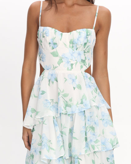 Blue Tiered Cut-Out Maxi Dress Floral