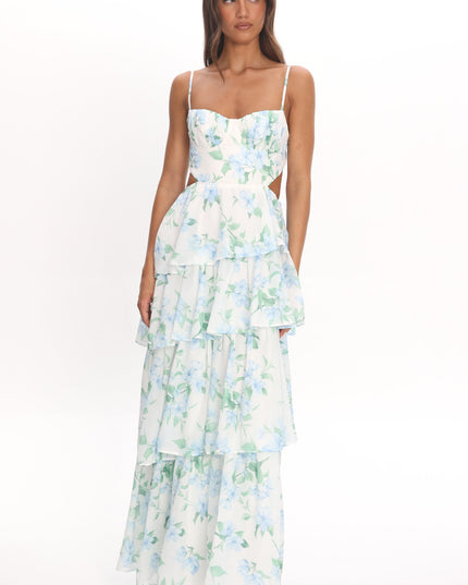 Blue Tiered Cut-Out Maxi Dress Floral