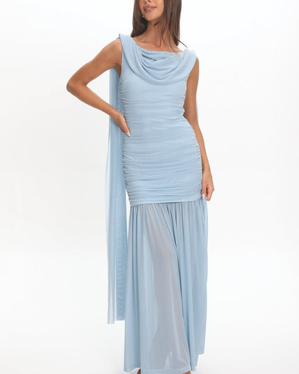 Blue Draped Shoulder Maxi Dress