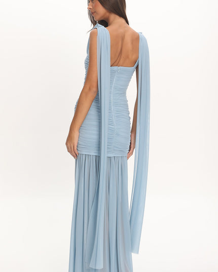 Blue Draped Shoulder Maxi Dress