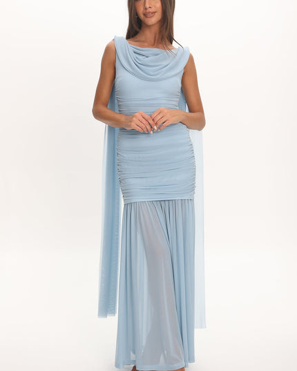 Blue Draped Shoulder Maxi Dress