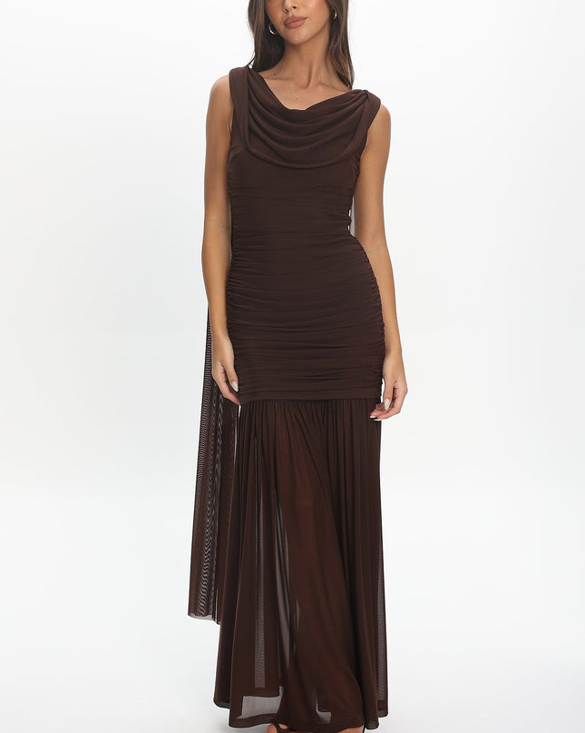 Chocolate Draped Shoulder Maxi Dress