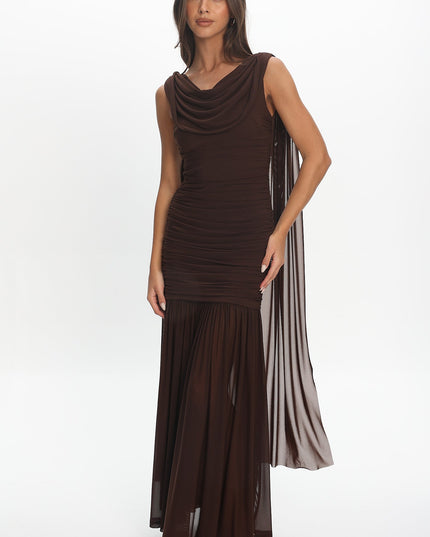 Chocolate Draped Shoulder Maxi Dress
