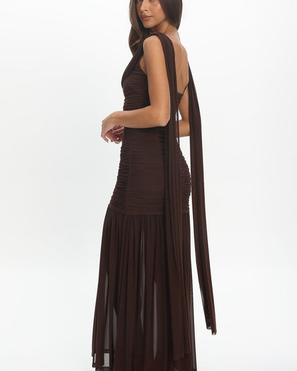 Chocolate Draped Shoulder Maxi Dress