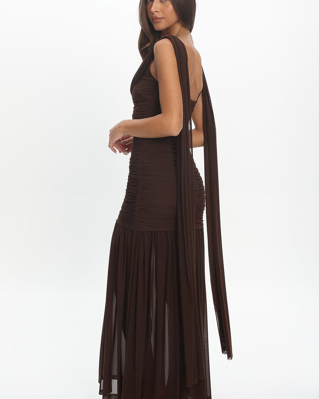 Chocolate Draped Shoulder Maxi Dress