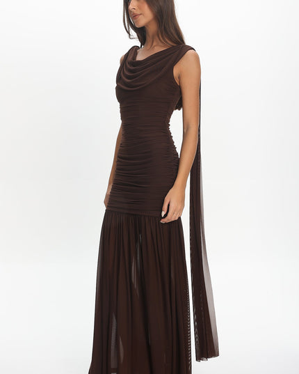Chocolate Draped Shoulder Maxi Dress