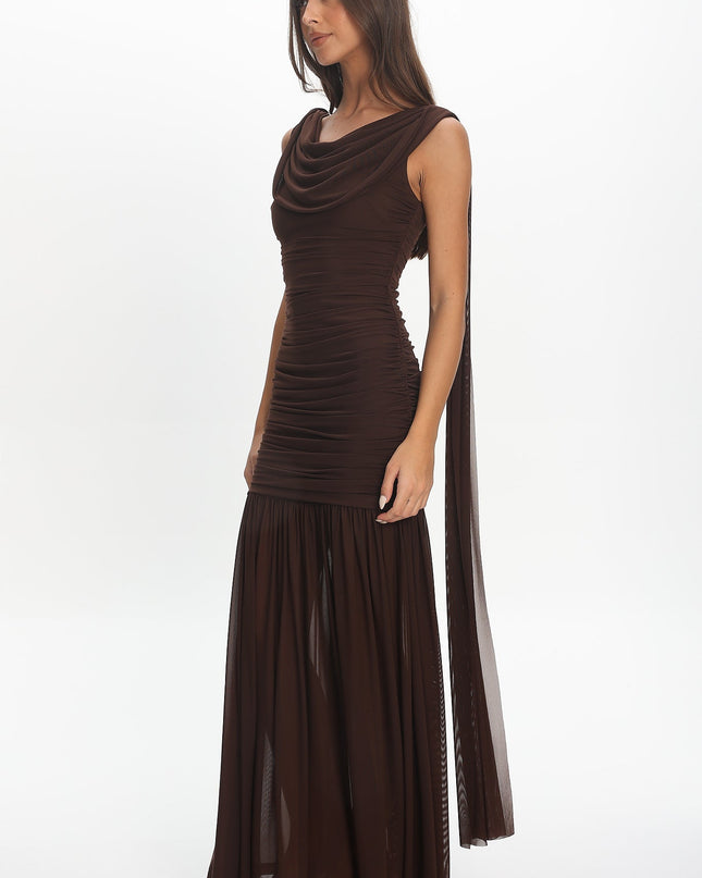 Chocolate Draped Shoulder Maxi Dress