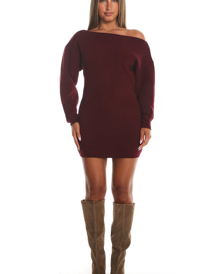 Wine One-Shoulder Fuzzy Knit Mini Dress