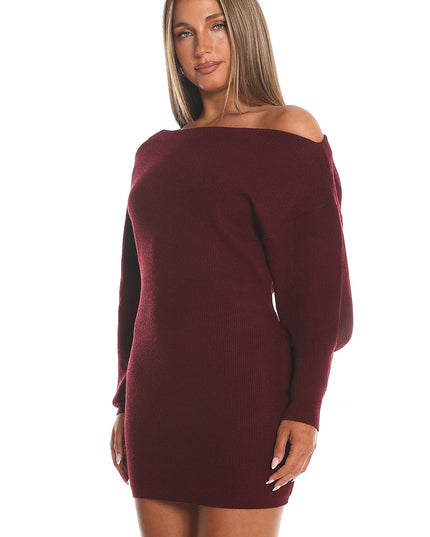 Wine One-Shoulder Fuzzy Knit Mini Dress