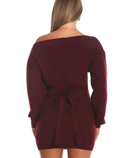 Wine One-Shoulder Fuzzy Knit Mini Dress