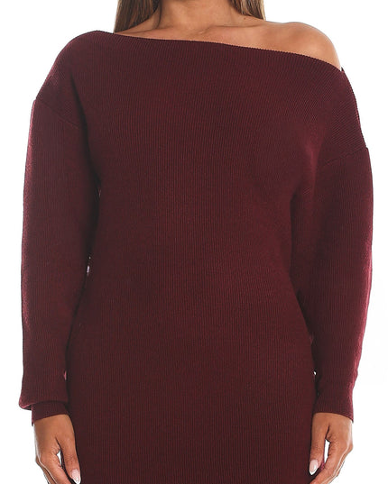 Wine One-Shoulder Fuzzy Knit Mini Dress