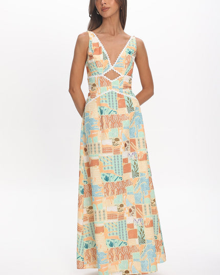 Yellow Rac Trim Maxi Dress Print