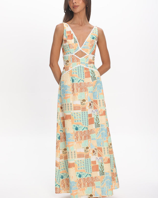 Yellow Rac Trim Maxi Dress Print