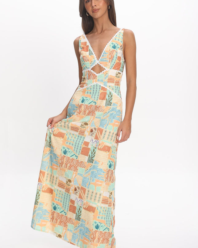 Yellow Rac Trim Maxi Dress Print