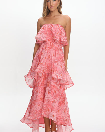 Pink Strapless Layered Maxi Dress Print