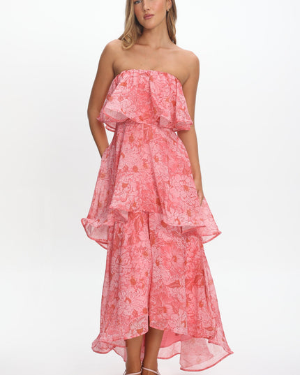 Pink Strapless Layered Maxi Dress Print