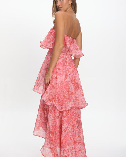 Pink Strapless Layered Maxi Dress Print