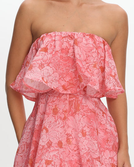 Pink Strapless Layered Maxi Dress Print