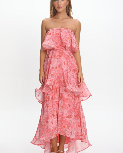 Pink Strapless Layered Maxi Dress Print