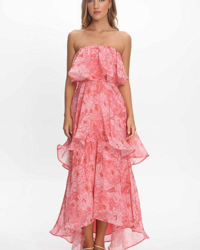 Pink Strapless Layered Maxi Dress Print