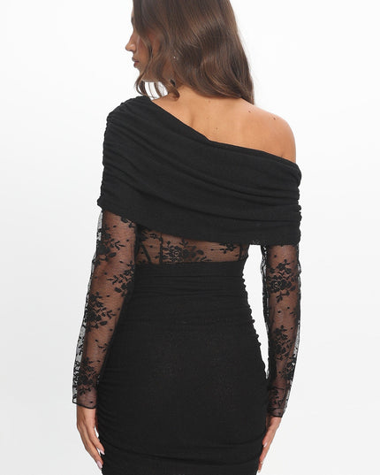 Black Asymmetric Neckline Mini Dress