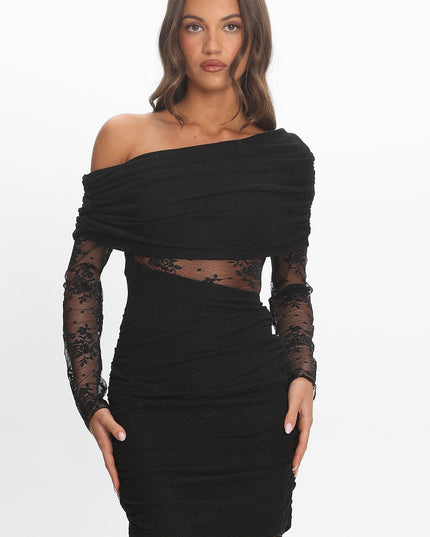 Black Asymmetric Neckline Mini Dress
