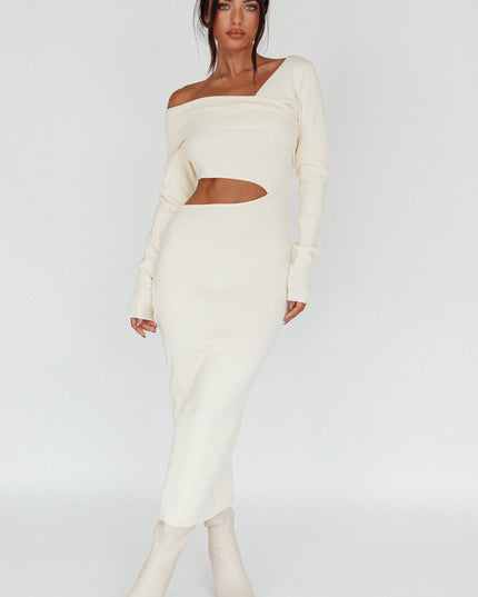 Cream Long Sleeve One-Shoulder Midi Dress