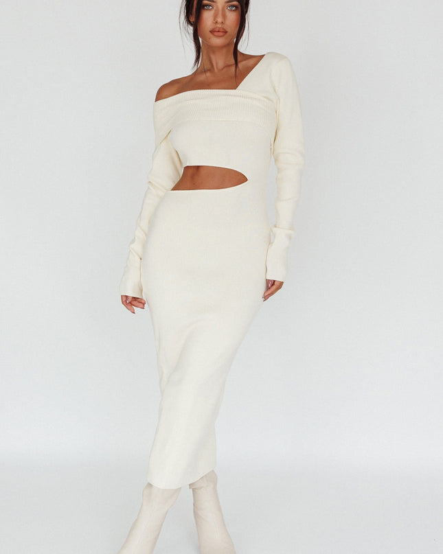 Cream Long Sleeve One-Shoulder Midi Dress