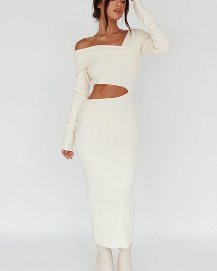 Cream Long Sleeve One-Shoulder Midi Dress