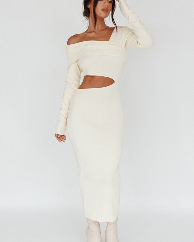 Cream Long Sleeve One-Shoulder Midi Dress