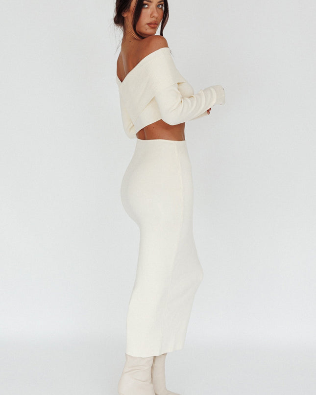 Cream Long Sleeve One-Shoulder Midi Dress